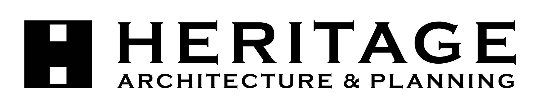 Logo for Heritage Architecture & Planning. The logo features a black square icon with two white vertical rectangles on the left, and the words HERITAGE ARCHITECTURE & PLANNING in bold, uppercase letters on the right.