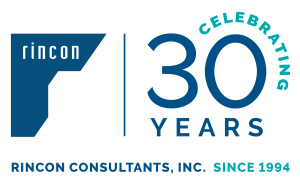 Logo for Rincon Consultants, Inc. featuring the text “Celebrating 30 Years” in blue and green, with “Since 1994” below. The Rincon logo appears on the left side.