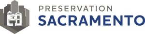 Logo for Preservation Sacramento featuring stylized gray silhouettes of historic buildings on the left, with the words “Preservation Sacramento” in bold gray and blue text on the right.
