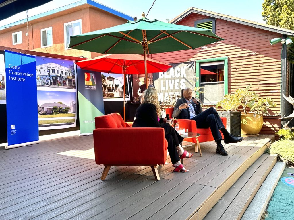 Kareem Abdul-Jabar and Deborah Morales in conversation at AAHPLA Kickoff at St. Elmo Village in 2023. Designated a Historic-Cultural Monument in 2025. 