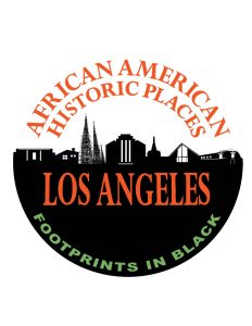 Logo featuring a black city skyline and building silhouettes, with African American Historic Places Los Angeles in orange text and Footprints in Black in green at the bottom.