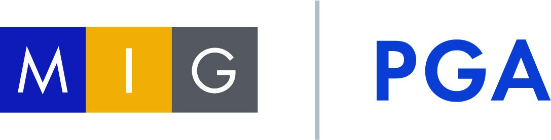 Logo with three colored squares labeled M (blue), I (yellow), and G (gray) on the left, separated by a vertical line from bold blue letters PGA on the right.
