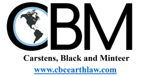 Logo for Carstens, Black and Minteer. The C in CBM contains an image of Earth. Below, the firms name is written out, along with the website address: www.cbcarthlaw.com in blue text.
