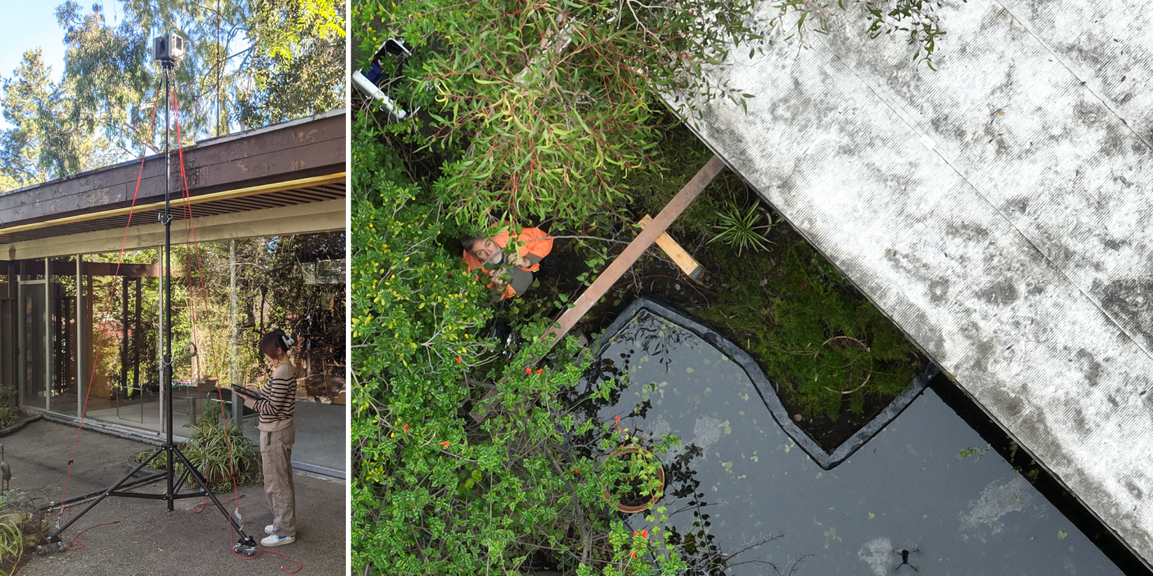 Split image: Left—person in striped shirt adjusts tall tripod with camera beside glass-walled building. Right—aerial view of two people and lush plants near a pond next to a concrete roof.