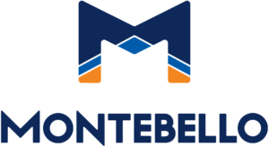 A stylized blue M logo with orange and light blue accents above the word MONTEBELLO in bold, dark blue capital letters.