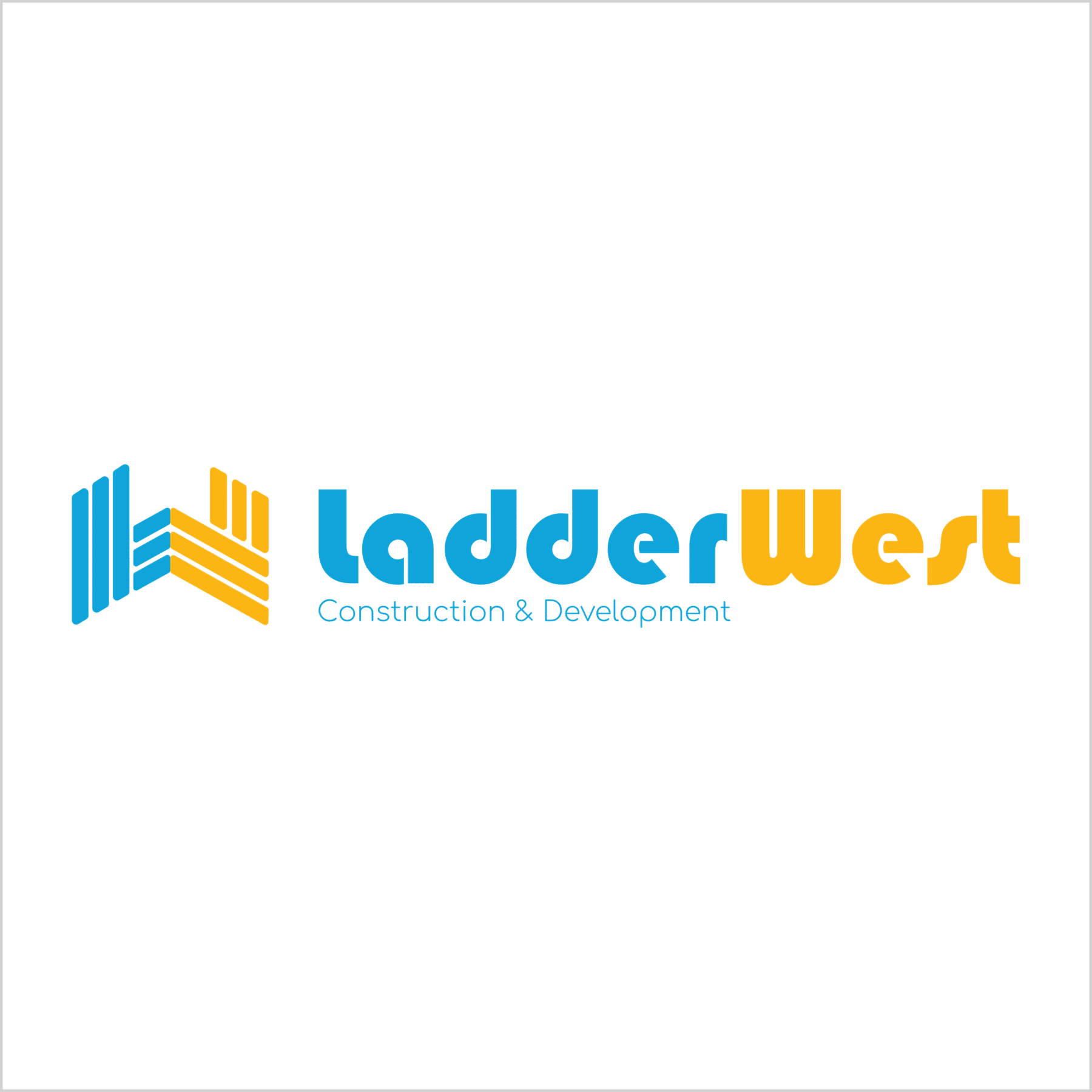 Logo for LadderWest Construction & Development with stylized blue and yellow building blocks forming an abstract L and W icon on the left, and the company name in blue and yellow text on the right.