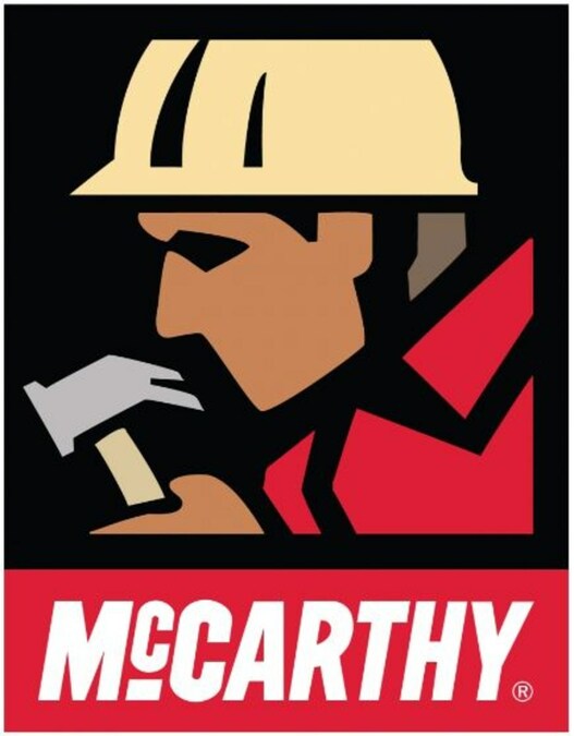 Illustration of a construction worker wearing a yellow hard hat and red shirt, holding a hammer. Below the image is the word McCarthy in bold, white letters on a red background.