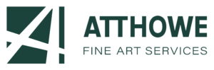 Logo with a geometric A design on the left and the text ATTHOWE FINE ART SERVICES in bold, dark green letters on the right.