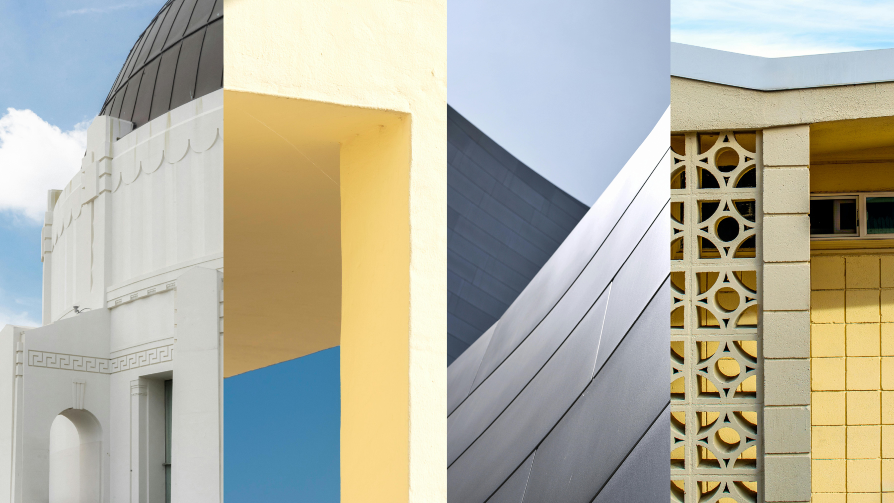A collage of four architectural building details: a white dome with scalloped patterns, a pale yellow archway, curved metallic panels, and a yellow wall with geometric cutouts.