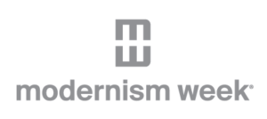 Gray logo with a geometric MW symbol above the words modernism week in lowercase letters.