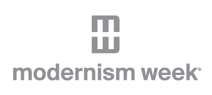 Gray logo with a geometric MW symbol above the words modernism week in lowercase letters.