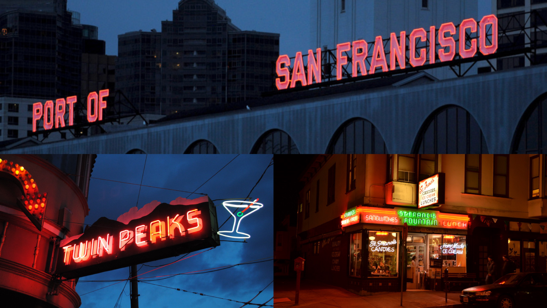 A collage of three neon signs in San Francisco: Port of San Francisco on a building, Twin Peaks with a martini glass, and a colorful sign above a corner diner advertising sandwiches, breakfasts, and ice cream.