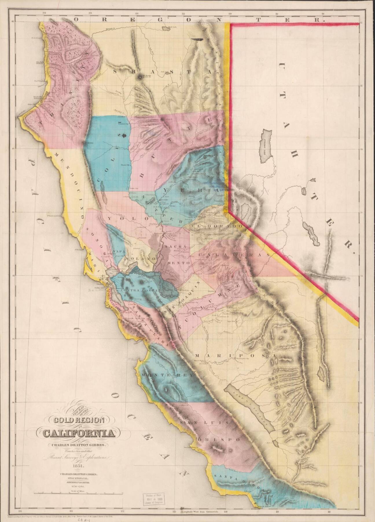 A vintage map titled Gold Region of California highlights various regions in color, showing territorial boundaries, labeled towns, rivers, and mountain ranges from the mid-1800s Gold Rush era.