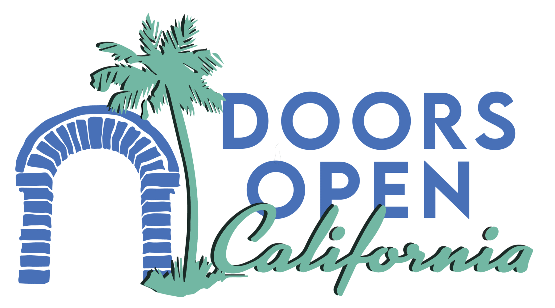 Stylized logo with a stone arch, palm tree, and the text DOORS OPEN California in blue and green script.