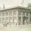 A sepia-toned architectural drawing of a two-story brick building with people outside, an American flag on the roof, trees in the background, and W.H. Weeks, Architect signed in the lower left corner.
