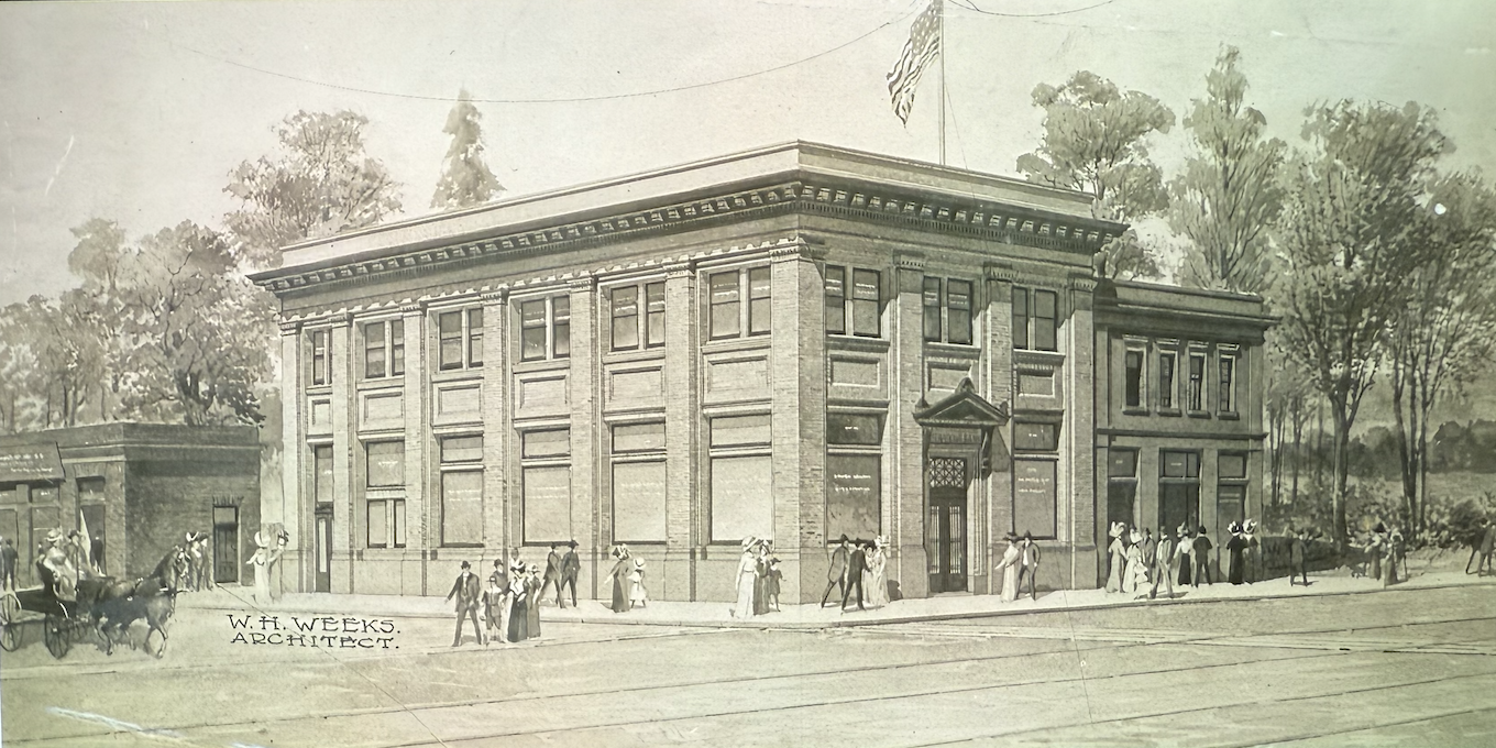Historic architectural rendering of the First National Bank building