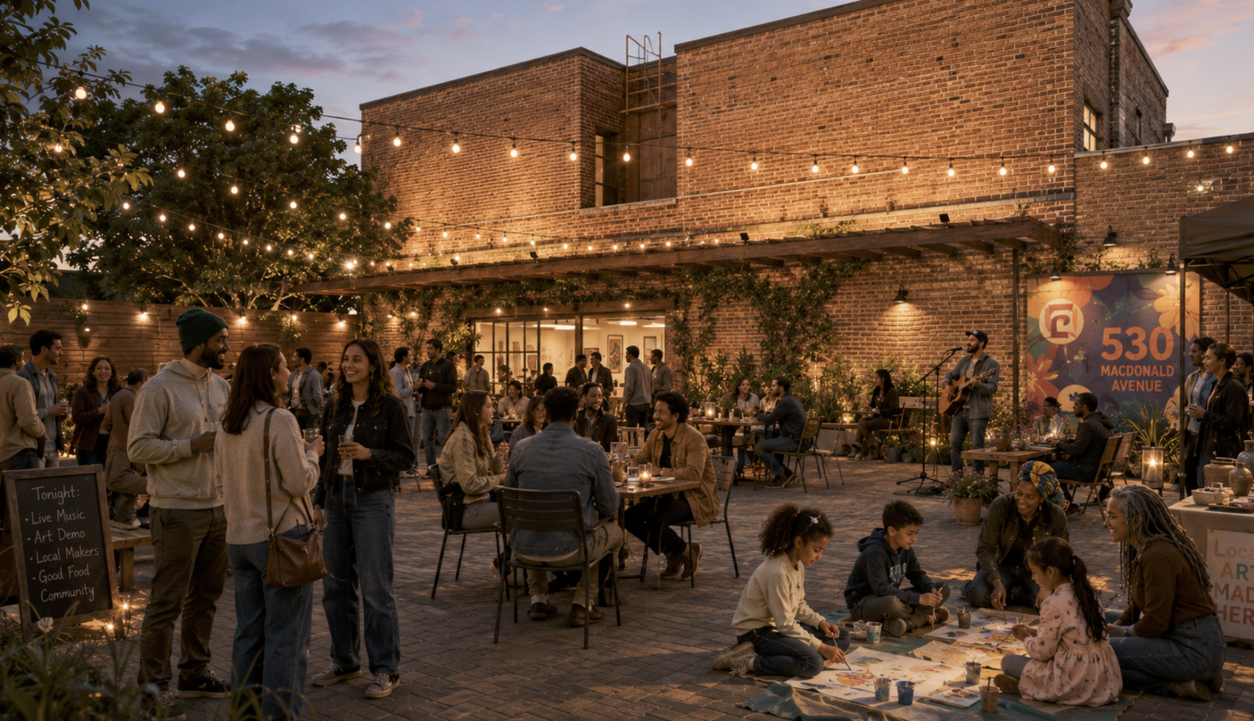 Conceptual visualization of the courtyard at 530 Macdonald Avenue activated with community events