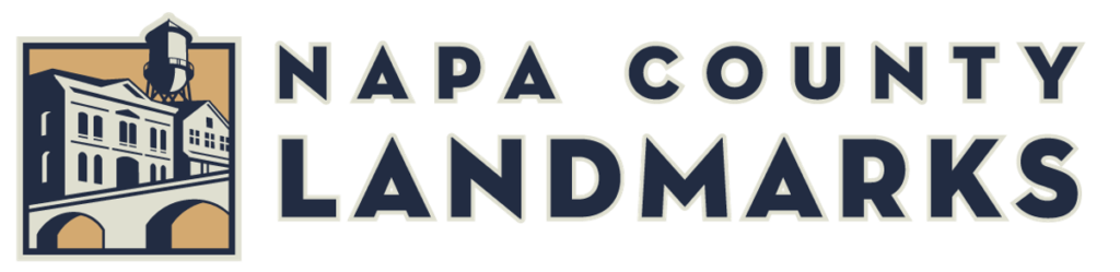 Napa County Landmarks logo featuring a graphic of a historic building with a water tower next to the text NAPA COUNTY LANDMARKS.