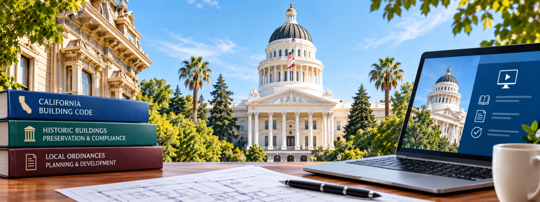 A laptop displaying educational icons sits on a desk next to three stacked books on California building codes and a printed architectural floor plan, with the California State Capitol building in the background.