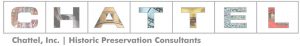 The word CHATTEL is spelled out in large block letters, each filled with a different historic architectural pattern or detail. Below, it reads: Chattel, Inc. | Historic Preservation Consultants.