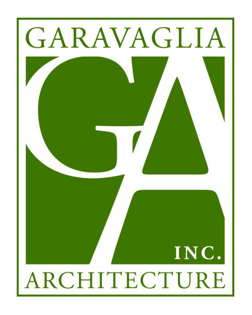 Logo for Garavaglia Architecture, Inc. featuring large overlapping white letters G and A on a green background, with the company name written above and below in white capital letters.