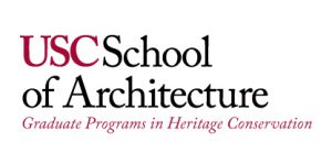 Logo for USC School of Architecture with the text “Graduate Programs in Heritage Conservation” written below in italics.